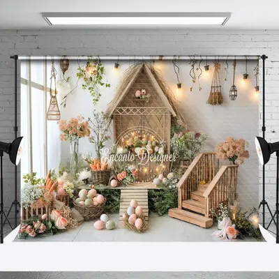 Log Cabin Staircase Easter Egg Spring Photo Backdrop - Aperturee