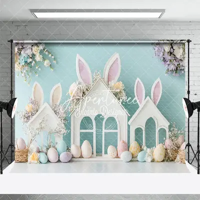 Aperturee Bunny Ear Hutch Eggs Floral Easter Photo Backdrop, 3X2FT(1MX0.6M), 14 USD, easter backdrops, ENHD2J76-M