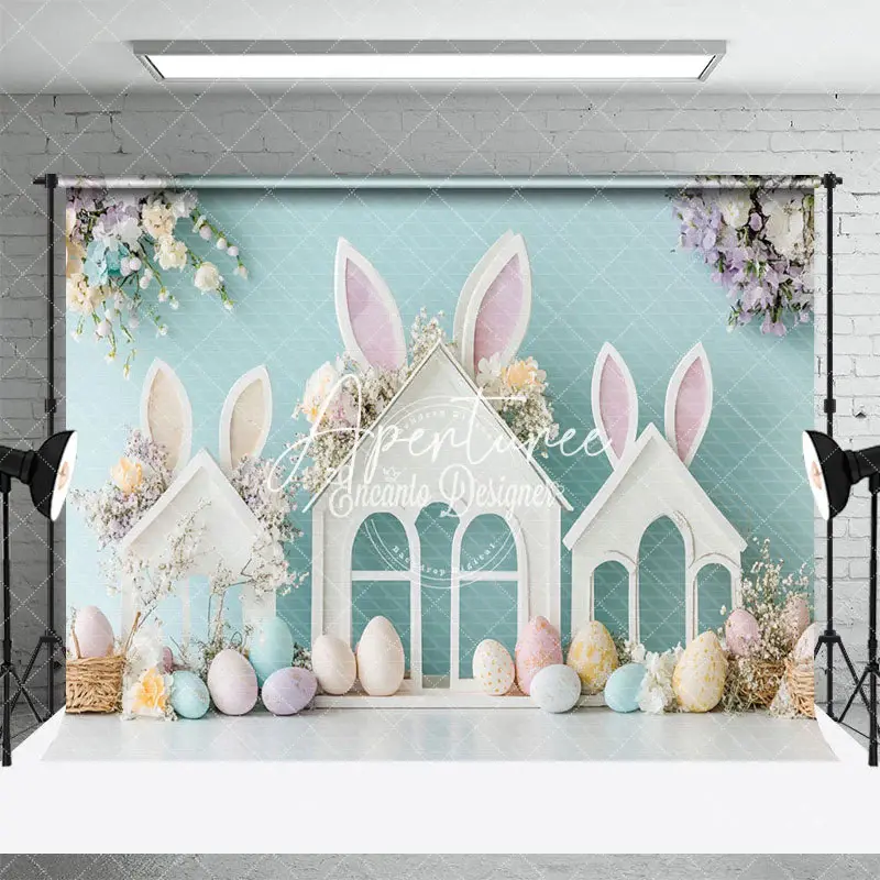 Aperturee Bunny Ear Hutch Eggs Floral Easter Photo Backdrop, 3X2FT(1MX0.6M), 14 USD, easter backdrops, ENHD2J76-M