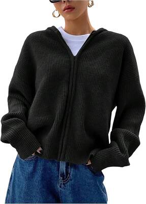 Women's Zip Up Hooded Cardigan Sweater Knitted Drop Shoulder Fall Hoodies Outerwear