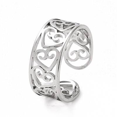 Non-Tarnish 304 Stainless Steel Hollow Out Heart Open Cuff Ring for Women