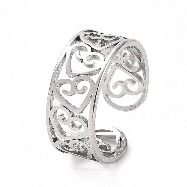 Non-Tarnish 304 Stainless Steel Hollow Out Heart Open Cuff Ring for Women