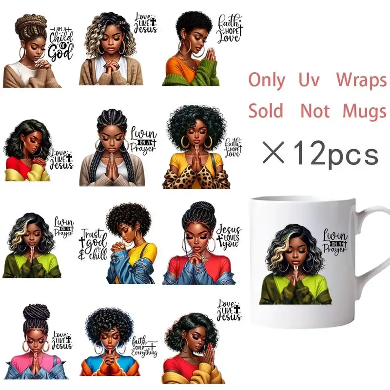 Women Prayer Pattern Sticker, 12pcs/set DIY Mug Wrap Sticker, Fashion Lady Coffee Cup UV DTF High Self-adhesive Wraps Transfe...