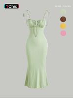 Women's Plain Ruched Lettuce Trim Tie Front Cami Dress, Soft Casual Sleeveless Adjustable Spaghetti Strap Tie Shoulder Long ...