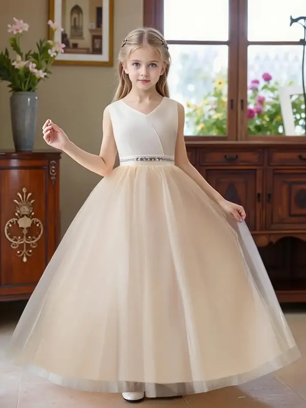Girl's Rhinestone Decor Big Bow Satin Fit & Flare Tulle Dress, Elegant Sleeveless Round Neck Contrast Mesh Dress for Party Pe...