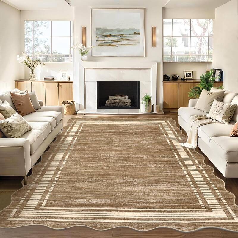 Garvee Modern Camel 5x7 Machine Washable Area Rug Striped Border Soft Plush Durable Non-Slip Low Pile Camel Kids Room Living ...
