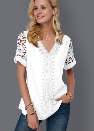 Modlily White Mesh Short Sleeve V Neck Blouse - M