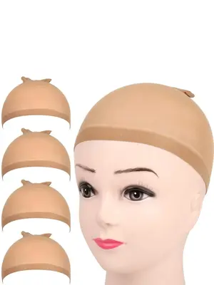 4pcs/set Unisex Simple Style Plain Color Hair Wig Cap, Invisible Elastic Wig Cap for Wearing Hair Wig, Hair Accessories for W...