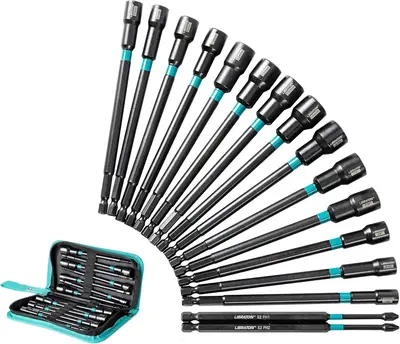 Libraton 16PCS Magnetic Nut Driver Set, Long Nut Drivers 6INCH, Metric & SAE Nut Drivers for Impact Drill, Long Shank Nut Dri...