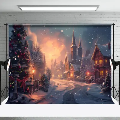 Snowy Town Load Tree Winter Christmas Photo Backdrop