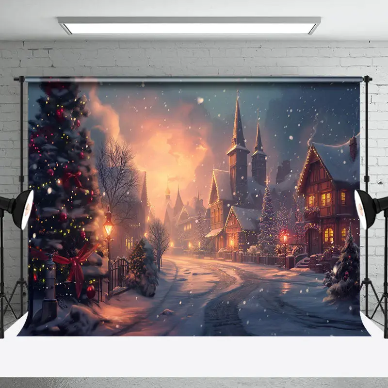 Snowy Town Load Tree Winter Christmas Photo Backdrop