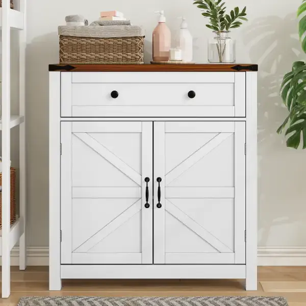 [Bellemave]Farmhouse Storage Cabinet with Drawer and Adjustable Shelf, White Kitchen Cabinet with Walnut Countertop, Modern C...
