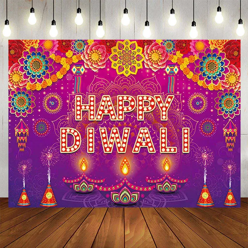 Candles Floral Purple Indian Happy Diwali Backdrop - Aperturee