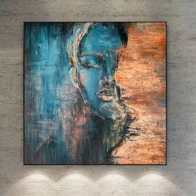 Original Blue and Bronze Acrylic Painting Abstract Female Face Handmade Decor for Living Room | ANOTHER PERSON