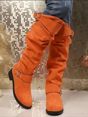 Women's Fashionable Solid Color Ruched Design Boots, Casual Comfortable Knee Boots for Daily Wear, Perfect for Students and ...