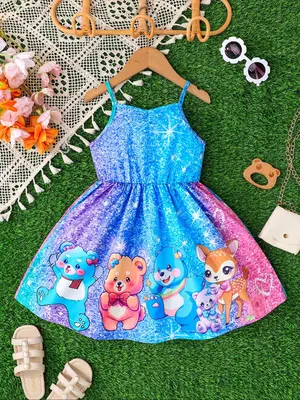 Girl's Cartoon Bear Print Sweater Dress, Cute Casual Sleeveless Knit Dress for Summer, Kids Clothes for Daily Wear
