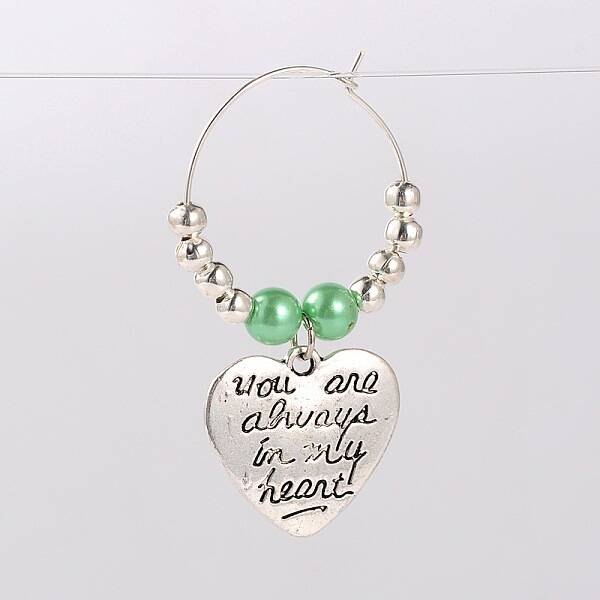 Tibetan Style Heart with Word You Are Always In My Heart Wine Glass Charms
