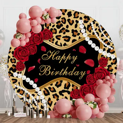 Leopard Red Rose Pearl Round Happy Birthday Backdrop