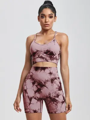 2 Counts Women's Tie Dye Print Two-piece Set, Sleeveless Padded Crop Top & High Stretch Short Leggings, Sportswear Outfits, S...