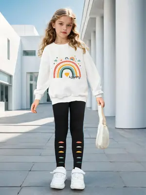 Two-Piece Set Girl's Cartoon Rainbow Print Sweatshirt & Elastic Waist Pants Set, Casual Fashion Drop Shoulder Long Sleeve Pul...