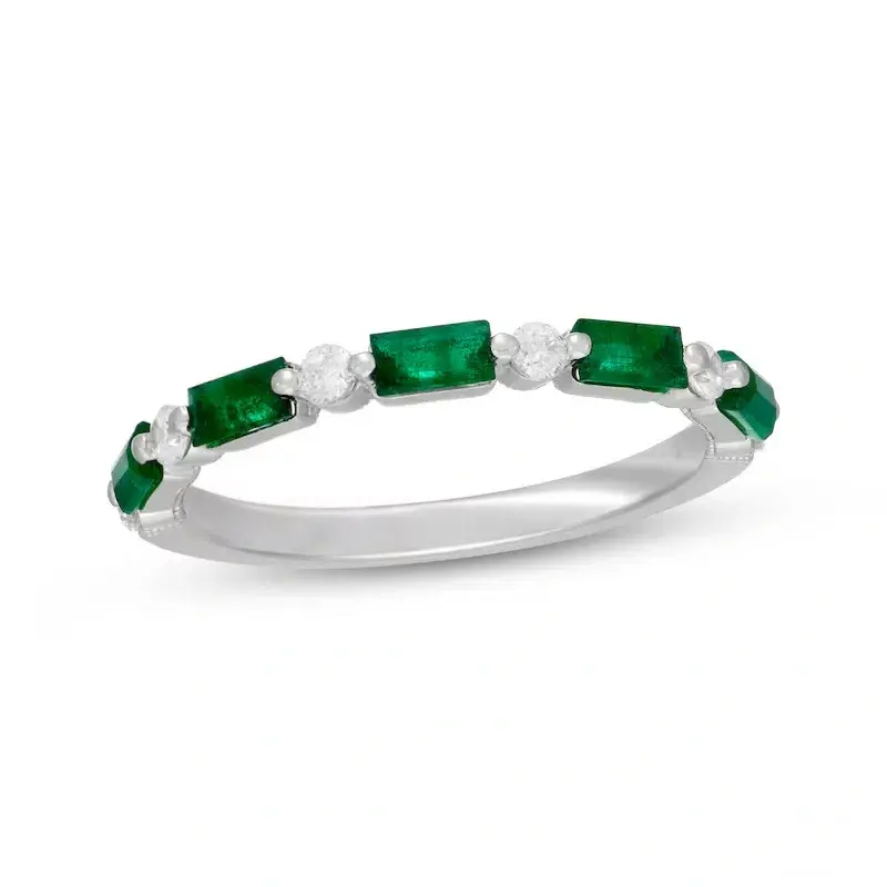 14K White Gold Round Cut & Baguette Diamond & Emerald Custom Stackable Ring I Color I1 Clarity 3EX IGI Certified