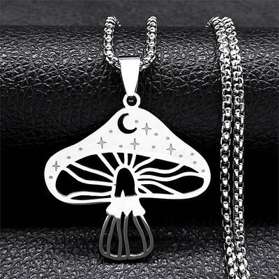 304 Stainless Steel Hollow Moon Star Mushroom Pendant Necklaces for Women