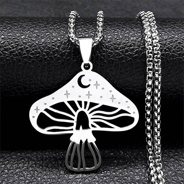 304 Stainless Steel Hollow Moon Star Mushroom Pendant Necklaces for Women