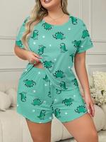 【Plus Size】 All Over Dinosaur Print Pyjama Set, Casual Soft Short Sleeve T-shirt & Elastic Waist Shorts Loungewear Set, W...