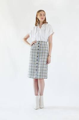 Luxe Plaid Tweed Pencil Skirt | Size: L | Color: White/Gold/Blue