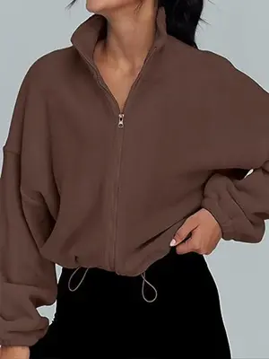 Sporty Women's Solid Color Drawstring Zip Up Sports Jacket, Sport Stand Collar Drop Shoulder Outerwear for Fall & Winter, La...