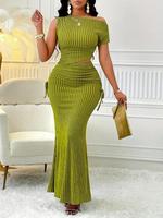 Women's Solid Color Ribbed Crop Top & Mermaid Skirt Two-piece Set, Casual Fashion Cozy Top & Long Skirt for Daily Outdoor Wea...