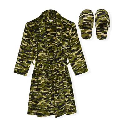 Sleep On It Boys Flannel Fleece Shawl Collar Robe with Matching Slippers - Green Camo