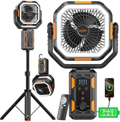 OGERY Camping Fan with Detachable Tripod, 20000mAh Rechargeable Fan with LED Lights & 270° Pivot,4 in 1 Cordless Camping Fan...
