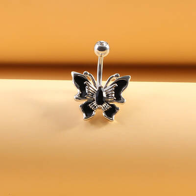 316L Surgical Stainless Steel Black Cubic Zirconia Butterfly Curved Barbell Belly Rings