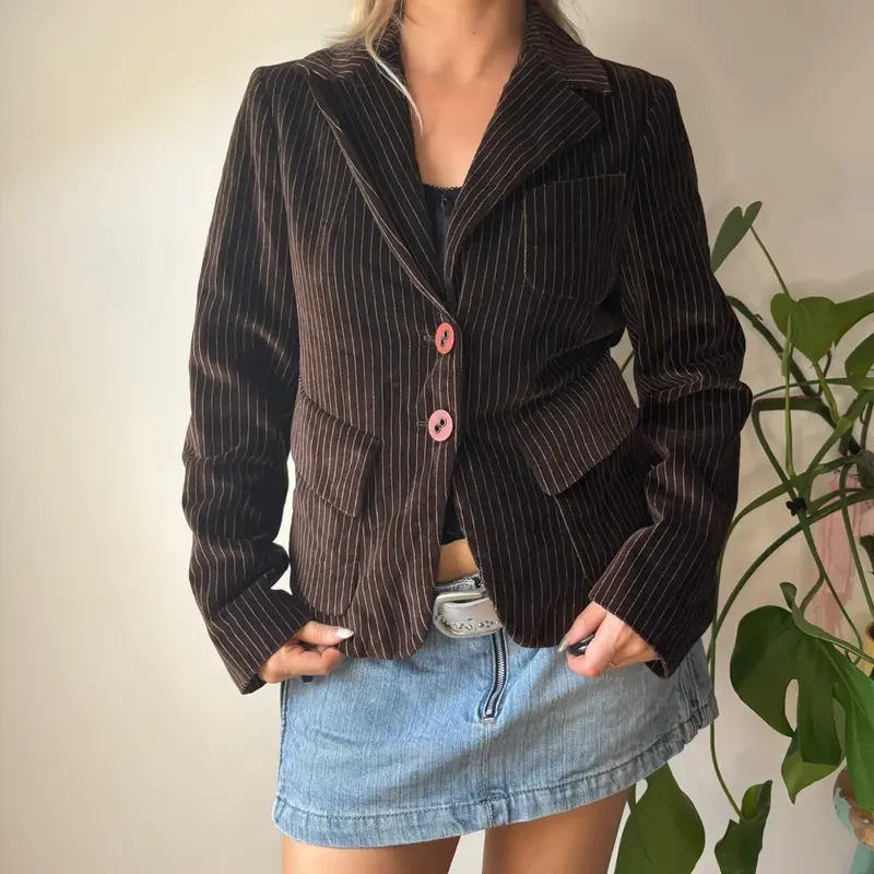 New Penny Striped Blazer - Medium Brown Cotton Blend