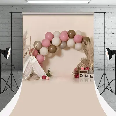 Pink Tent Hay Balloons Sweep Cake Smash Backdrop - Aperturee
