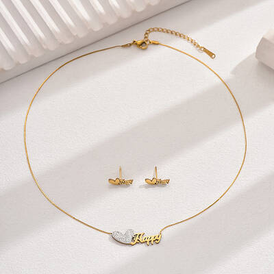 Elegant Vintage Stainless Steel Rhinestone Heart with Word Happy Stud Earrings & Necklaces Set for Women