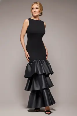 Goddiva Boat Neck Satin & Scuba Crepe Tiered Maxi Dress - Black