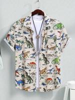 Men's Dinosaur Print Short Sleeve Shirt, Regular Fit Casual Button Down Top for Summer, Men's Clothes for Daily Wear, Menswea...