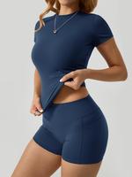 2 piece set women's yoga suit set solid color quick drying short sleeved top with pockets on both sides shorts with tight fit...
