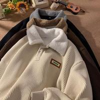 2025 NEW Corduroy Polo collar sweater couple autumn and winter style plus velvet thickened simple fashion lamb wool coat Comf...
