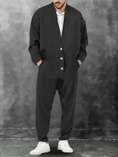 Casual Simple V-Neck Jumpsuit, Black / XL