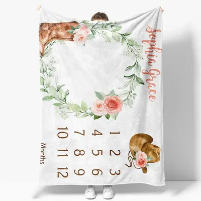 Cowgirl Wreath Monthly Table Custom Name Blanket - Aperturee