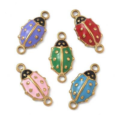 304 Stainless Steel Enamel Ladybug Connector Charms