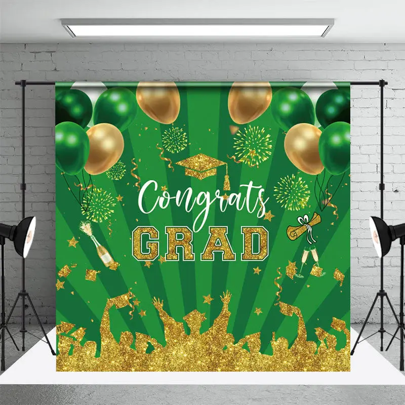 Green Gold Sparkle Balloons Stripe Grad Backdrop - Aperturee