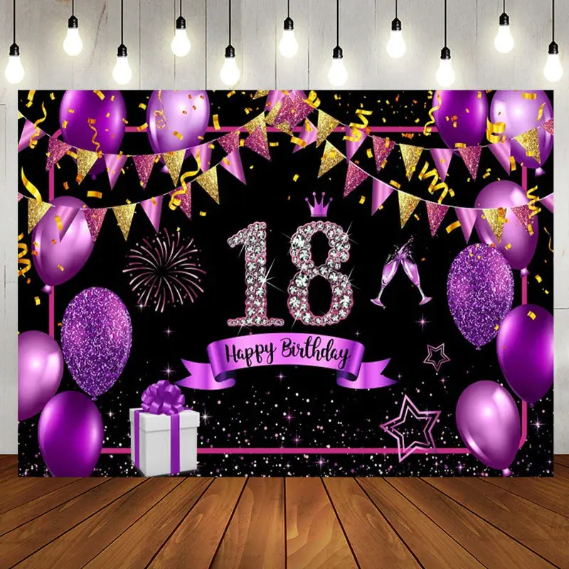 Purple Gold Balloon Glitter 18th Birthday Backdrop - Aperturee