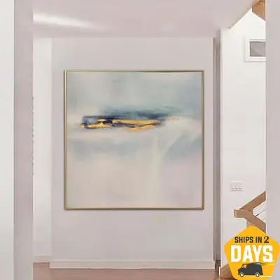 Abstract Painting on Canvas Minimalist Wall Art Light Blue Artwork Neutral Painting Gold Leaf Artwork for Indie Room Decor | ...
