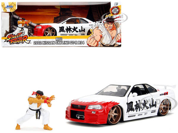 2002 Nissan Skyline GT-R (R34) RHD (Right Hand Drive) White with Red Graphics and Ryu Diecast Figure Street Fighter Video Gam...