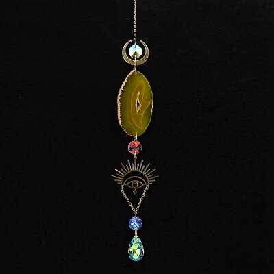 Natural Agate Piece & Metal Evil Eye Moon Hanging Ornaments
