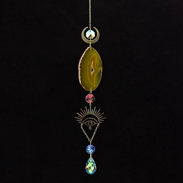 Natural Agate Piece & Metal Evil Eye Moon Hanging Ornaments